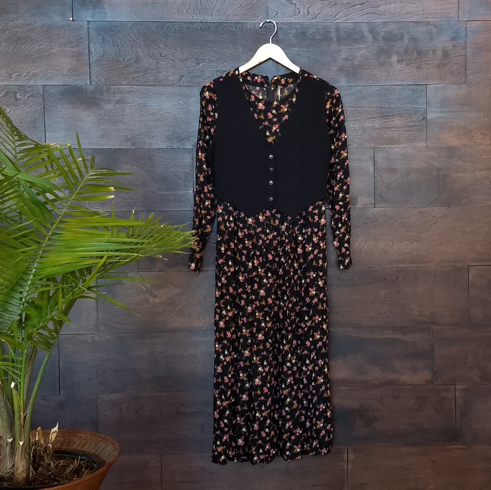 Vintage 90s Rayon Day Dress with Faux Vest